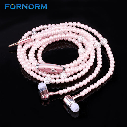 FORNORM Fashion Women Earphones Luxurious Bling Pearl Necklace Earbuds In-ear for Girls Girlfriend Gifts Mobile Phone