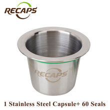 RECAPS Refillable Reusable Stainless Steel Refill Coffee Capsulas for Nespresso Machines Maker 1 Pod + 60 Seals