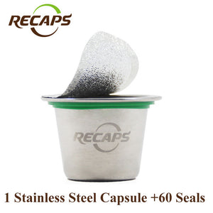 RECAPS Refillable Reusable Stainless Steel Refill Coffee Capsulas for Nespresso Machines Maker 1 Pod + 60 Seals
